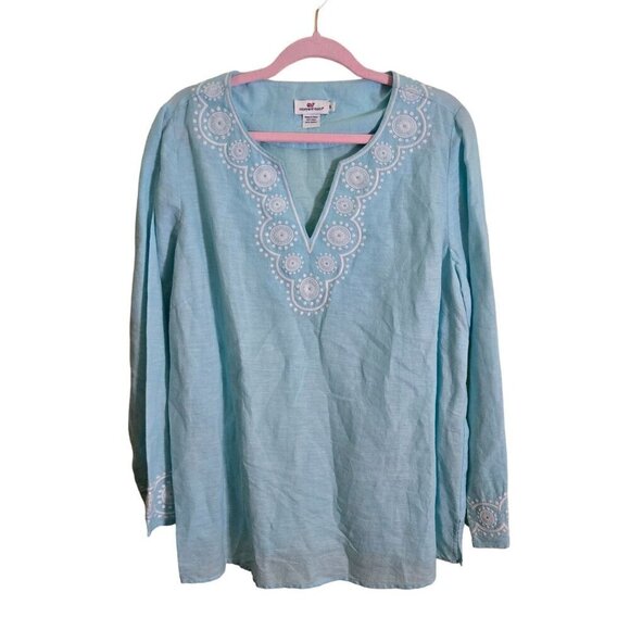 Vineyard Vines Mint Green Embroidered V Neck Linen Blanks Tonic Top Size XL - Picture 1 of 5